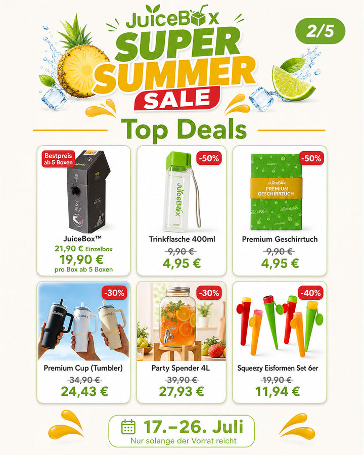 Top offres : JuiceBox™ prix dégressif, gourde, torchon Premium, Premium Cup, Party Spender et moules à glaçons